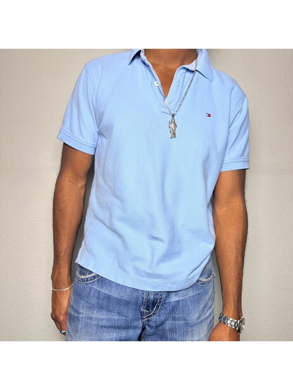 Tommy Hilfiger Polo Shirt Short Sleeve Men M Blue Preppy Retro Spring Muscle